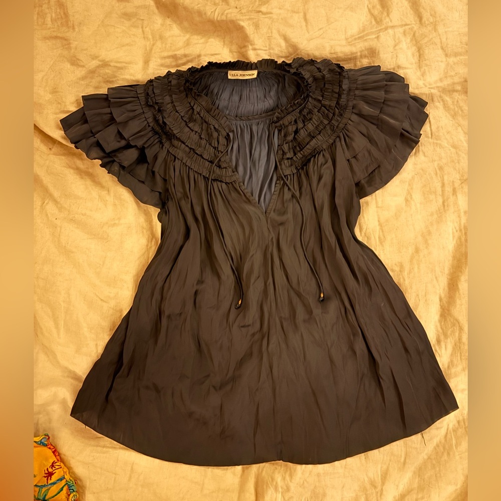 Ulla Johnson Navy Ruffle-Neck Flutter Sleeve Top 0042